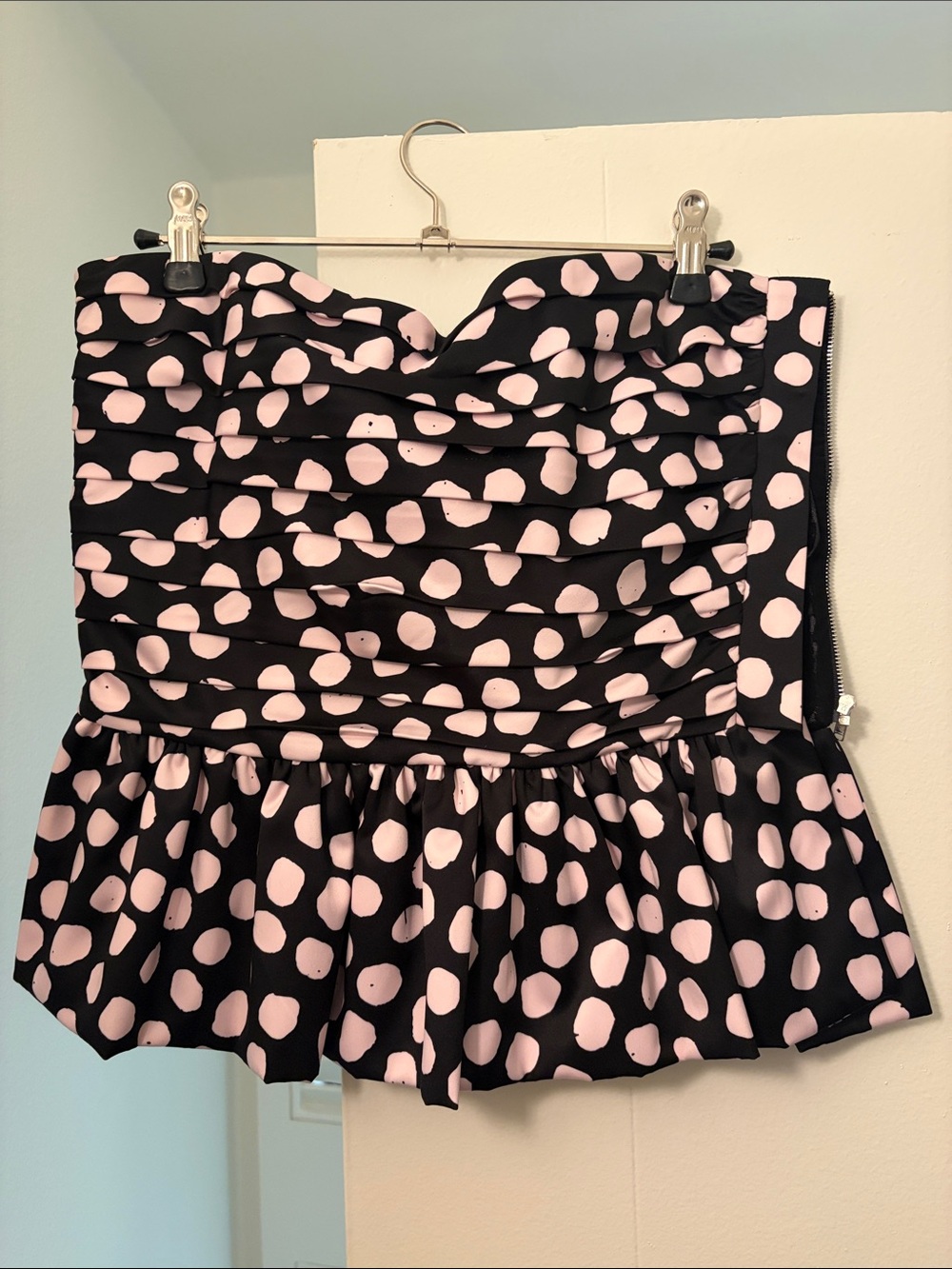 NWT Tanya Taylor Black and Light Pink Polka Dot Peplum Strapless Top